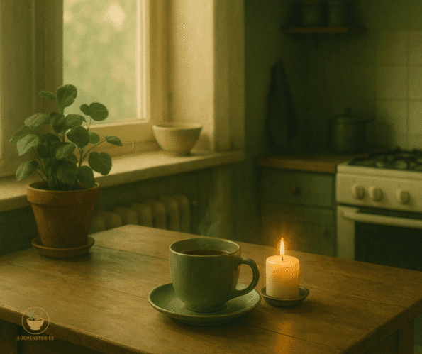Tasse Tee und brennende Kerze auf einem Holztisch in einer ruhigen Küche am Morgen. Sanfte Stimmung, warmes Licht.